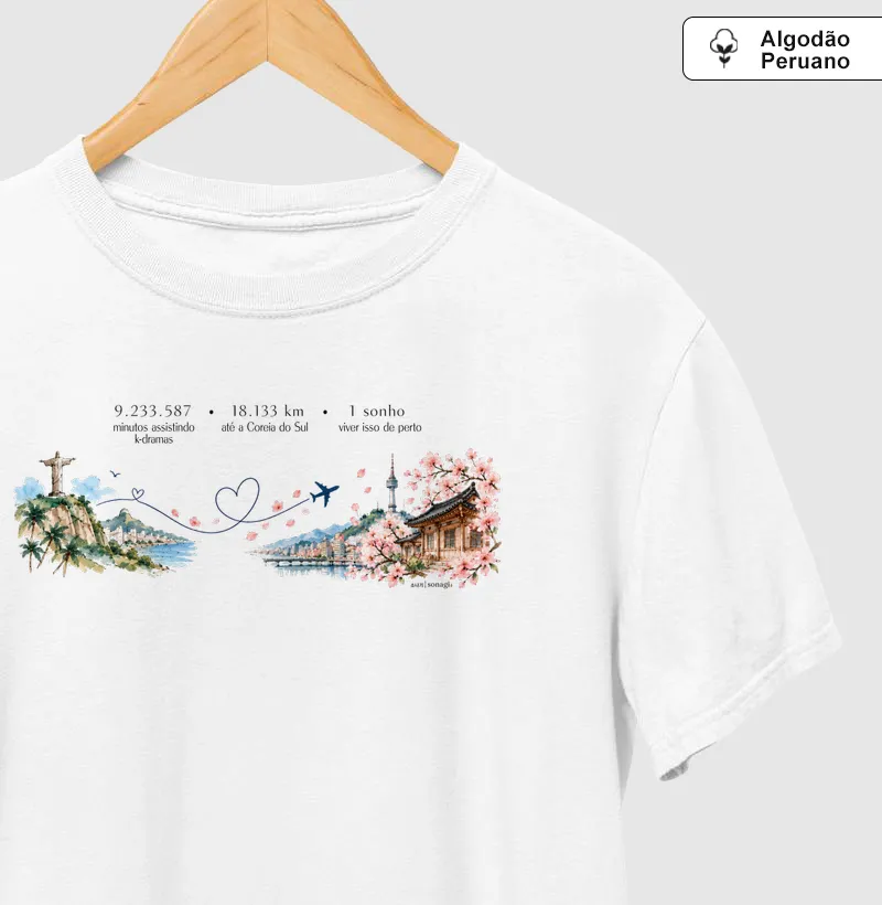 18.133 km de Distância Brasil e Coreia| Camiseta Dorameira em Aquarela - Camiseta Algodão Peruano
