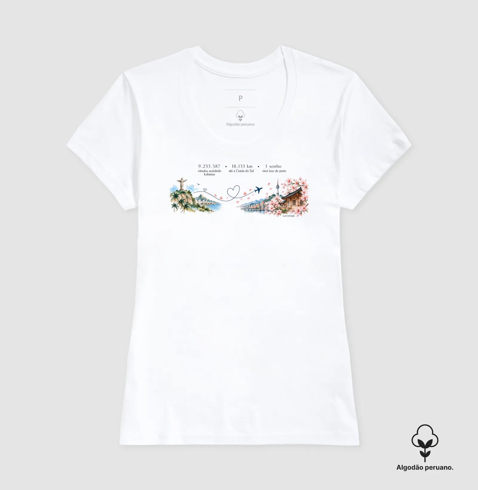 18.133 km de Distância Brasil e Coreia| Camiseta Dorameira em Aquarela - Imagem 3