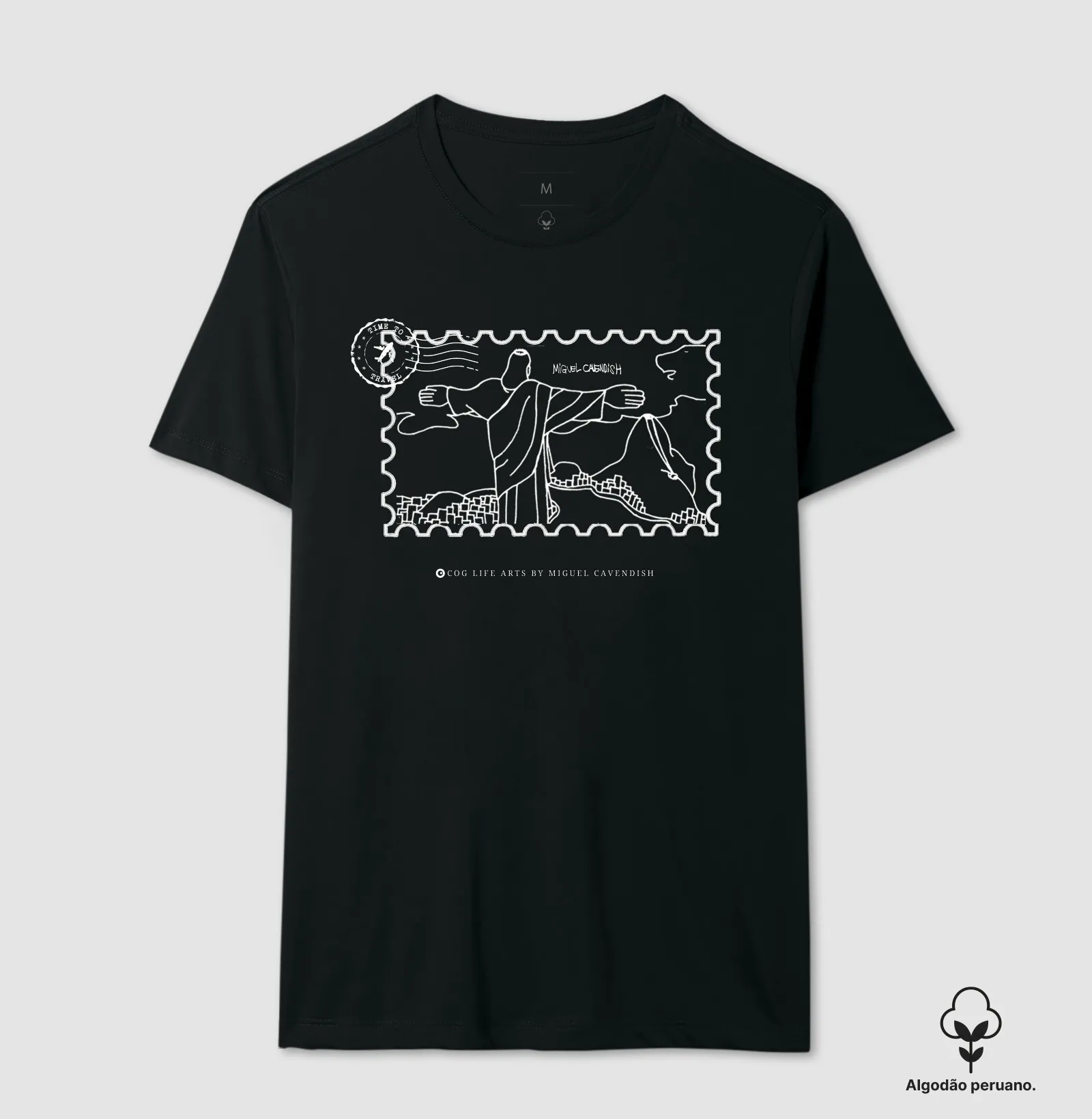 Camiseta Cartão Postal Cristo Preta by Miguel Cavendish - Algodão Peruano - Imagem 2