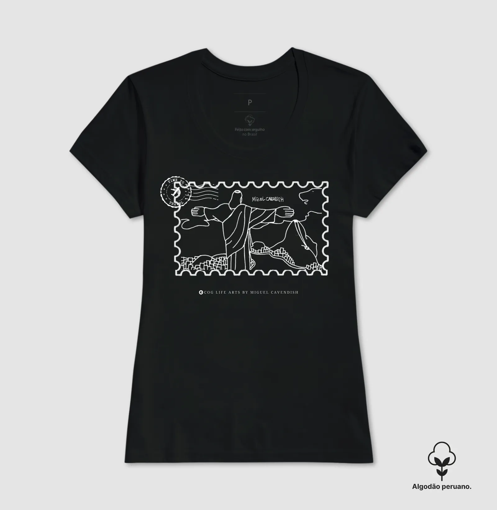 Camiseta Cartão Postal Cristo Preta by Miguel Cavendish - Algodão Peruano - Imagem 3